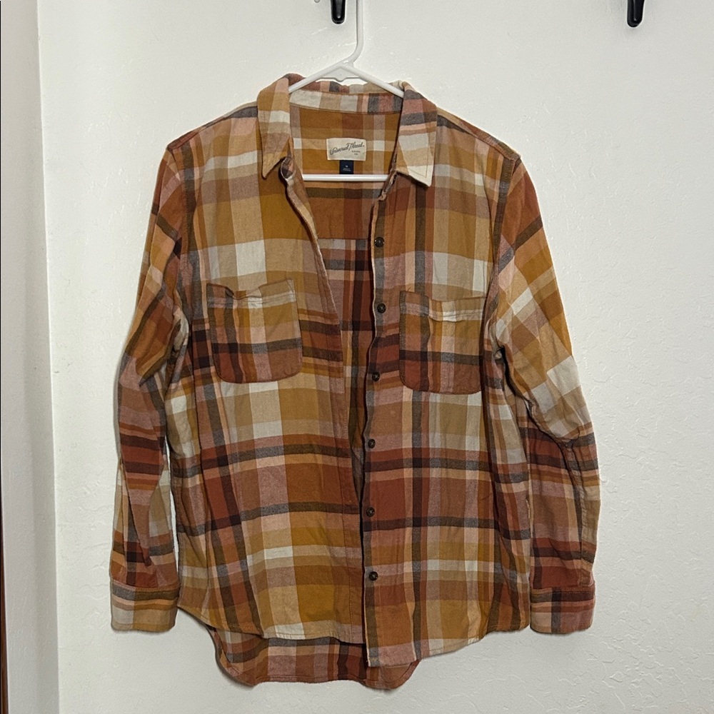 Plaid orange, brown, and yellow Button Down flannel Shirt - Picture 2 of 7